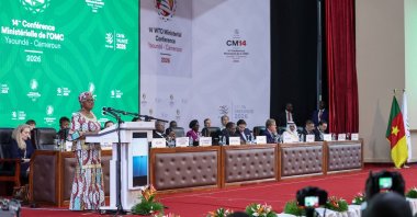The World Trade Organization (WTO) Director-General Ngozi Okonjo-Iweala speaks during the WTO ministerial conference in Yaounde, March 26, 2026. (AFP Photo)