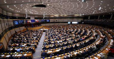 Members of the European Parliament attend a plenary session in Brussels, Belgium, March 26, 2026. (Reuters Photo)
