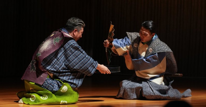 A Kyougen performance takes place on stage at the Turkish-Japanese Foundation Cultural Center, Ankara, Türkiye, March 24, 2026. (AA Photo)