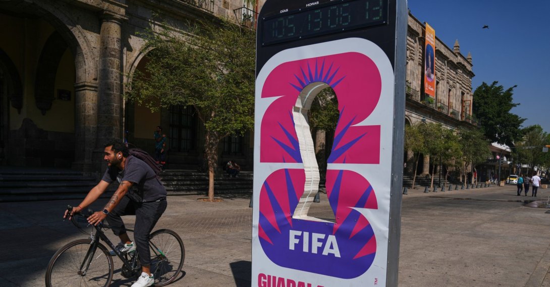 A cyclist rides past an installation promoting the FIFA World Cup 2026, Guadalajara, Mexico, Feb. 25, 2026. (AP Photo)