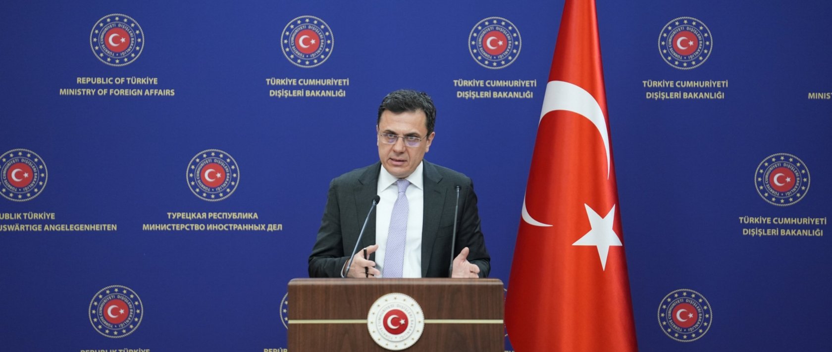 Foreign Ministry spokesman Öncü Keçeli speaks at a news conference in Ankara, March 3, 2024. (AA File Photo)