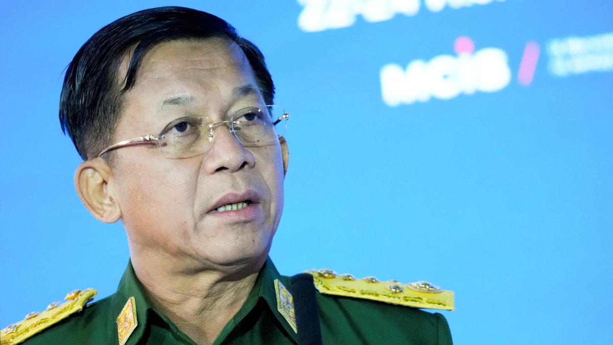 Commander-in-Chief of Myanmar's armed forces, Senior General Min Aung Hlaing, delivers his speech at the IX Moscow conference on international security, Moscow, Russia, June 23, 2021. (Reuters Photo)