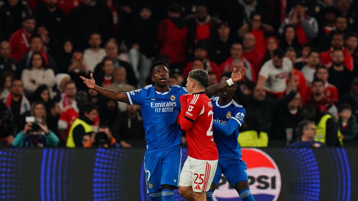 Benfica's Gianluca Prestianni confronts Real Madrid's Vinicius Junior after Vinicius' goal celebration during the UEFA Champions League 2025/26 League Knockout Play-off First Leg match at Estadio da Luz, Lisbon, Portugal, Feb. 17, 2026. (Getty Images Photo)