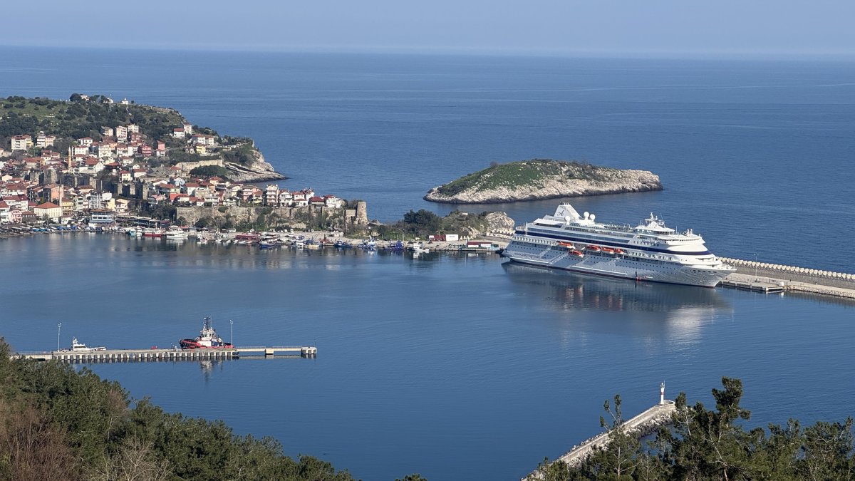 An aerial view shows the cruise ship Astoria Grand docked at the Amasra port, Bartın, northern Türkiye, March 27, 2026. (AA Photo)