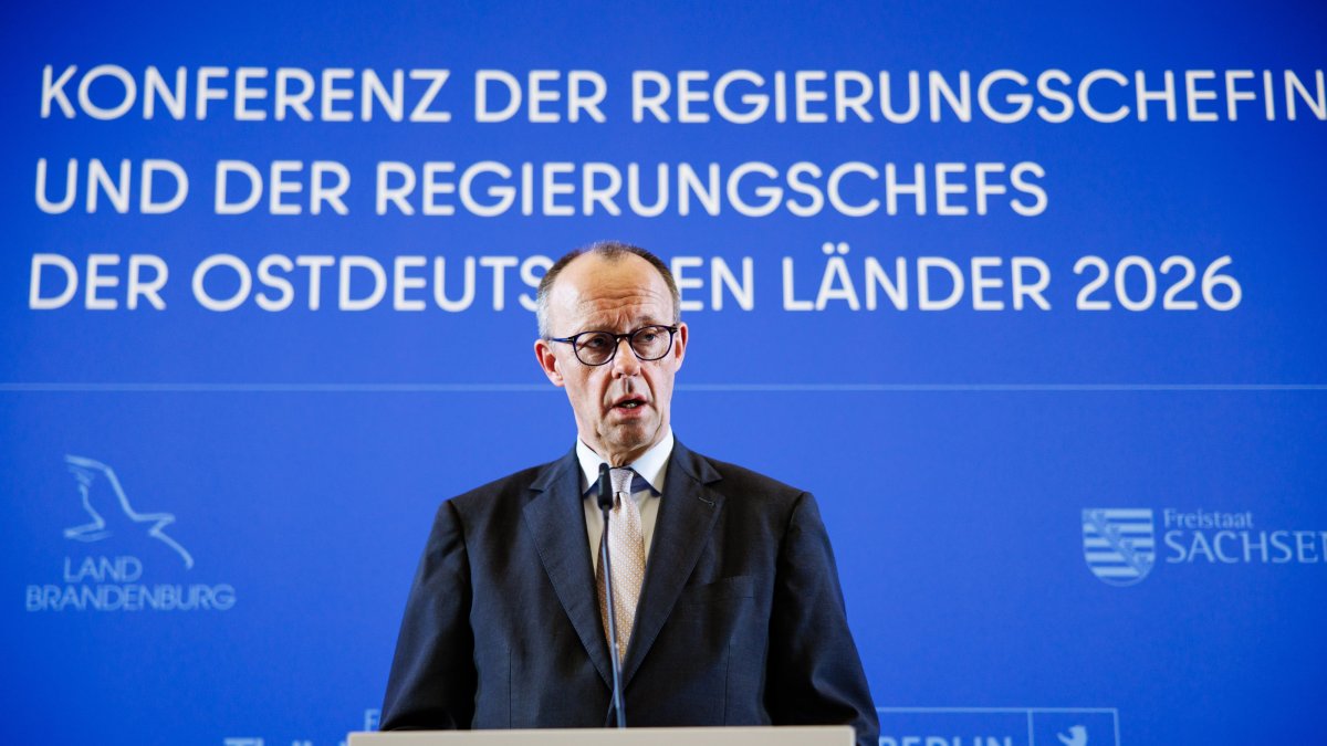 German Chancellor Friedrich Merz speaks during a press conference at the Red Town Hall in Berlin, Germany, March 26, 2026. (EPA Photo)