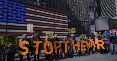 Protesters opposing the war against Iran held a demonstration near the military recruiting station, Times Square, New York City, U.S., March 22, 2026. (AA Photo)