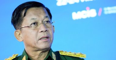 Commander-in-Chief of Myanmar's armed forces, Senior General Min Aung Hlaing, delivers his speech at the IX Moscow conference on international security, Moscow, Russia, June 23, 2021. (Reuters Photo)