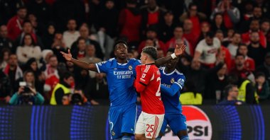 Benfica's Gianluca Prestianni confronts Real Madrid's Vinicius Junior after Vinicius' goal celebration during the UEFA Champions League 2025/26 League Knockout Play-off First Leg match at Estadio da Luz, Lisbon, Portugal, Feb. 17, 2026. (Getty Images Photo)