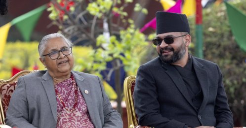 Outgoing Prime Minister Sushil Karki (L) and newly elected Prime Minister of Nepal Balendra Shah (R) after the oath-taking ceremony at the presidential office, Kathmandu, Nepal, March 27, 2026. (EPA Photo)
