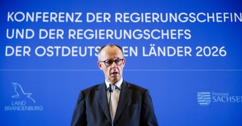 German Chancellor Friedrich Merz speaks during a press conference at the Red Town Hall in Berlin, Germany, March 26, 2026. (EPA Photo)