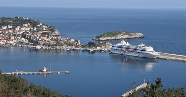 An aerial view shows the cruise ship Astoria Grand docked at the Amasra port, Bartın, northern Türkiye, March 27, 2026. (AA Photo)