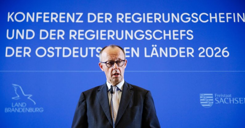 German Chancellor Friedrich Merz speaks during a press conference at the Red Town Hall in Berlin, Germany, March 26, 2026. (EPA Photo)