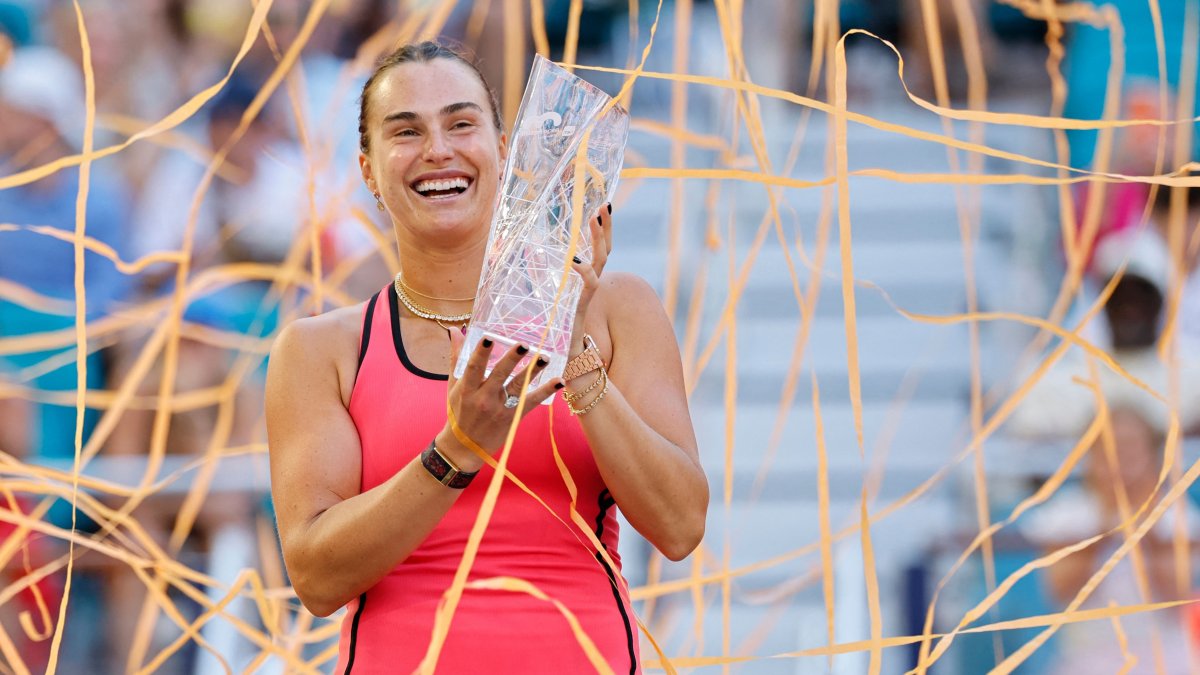 Aryna Sabalenka celebrates after winning the Miami Open women's final against Coco Gauff in Miami Gardens, Florida, U.S., March 29, 2026. (AFP Photo)