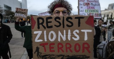 Hundreds of Israelis gathered at the symbolic Habima Square for an anti-war protest, following a call by civil society organizations, Tel Aviv, Israel, March 28, 2026. (AA Photo)