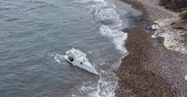 A view of an unmanned surface vessel found off the coast of Ünye, Ordu, northern Türkiye, March 21, 2026. (AA Photo) 