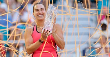 Aryna Sabalenka celebrates after winning the Miami Open women's final against Coco Gauff in Miami Gardens, Florida, U.S., March 29, 2026. (AFP Photo)