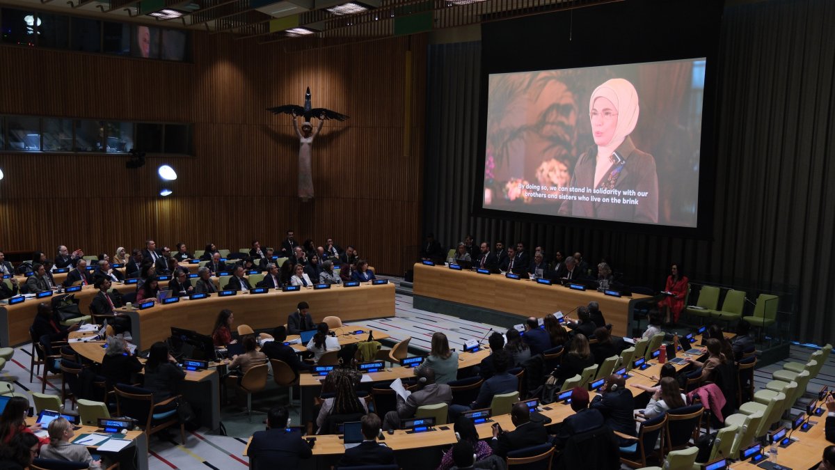 First lady Emine Erdoğan delivers a video message at the International Zero Waste Day commemoration held at the United Nations Headquarters, New York, U.S., March 28, 2026. (AA Photo)