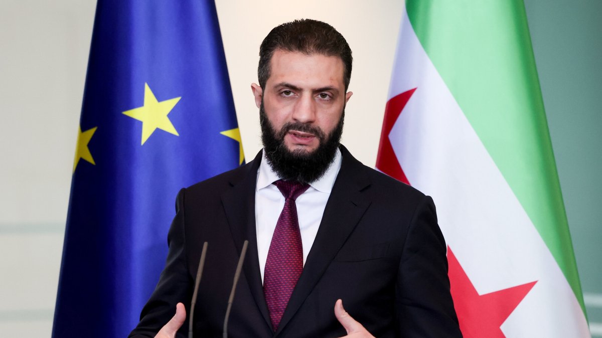 Syrian President Ahmed al-Sharaa speaks during a joint press conference with the German chancellor during their meeting at the Federal Chancellery in Berlin, Germany, March 30, 2026. (EPA Photo)