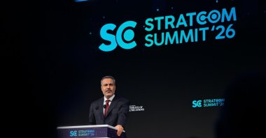 Foreign Minister Hakan Fidan delivers the opening speech on the second day of the International Strategic Communication Summit (Stratcom) 2026, organized by the Presidency's Directorate of Communications, Istanbul, Türkiye, March 28, 2026. (AA Photo)