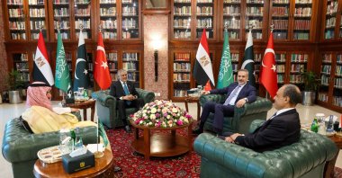 Foreign Ministers Hakan Fidan (1st R), Prince Faisal bin Farhan Al Saud of Saudi Arabia (2nd L), Badr Abdelatty of Egypt (2nd R) and Ishaq Dar of Pakistan meet to discuss regional de-escalation, amid the U.S.-Israel attacks on Iran, Islamabad, Pakistan, March 29, 2026. (Reuters Photo)
