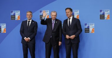 President Recep Tayyip Erdoğan is greeted by NATO Secretary General Mark Rutte (R) and Netherland's Prime Minister Dick Schoof (L) left, during an official welcome at the NATO summit, The Hague, Netherlands, June 25, 2025. (AP Photo)