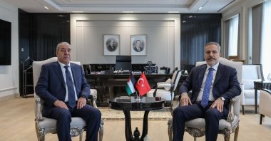 Foreign Minister Hakan Fidan (R) attends a meeting with Palestinian Vice President Hussein al-Sheikh, then a senior official at the PLO, Ankara, Türkiye, March 19, 2025. (Courtesy of Turkish Foreign Ministry)