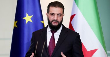 Syrian President Ahmed al-Sharaa speaks during a joint press conference with the German chancellor during their meeting at the Federal Chancellery in Berlin, Germany, March 30, 2026. (EPA Photo)