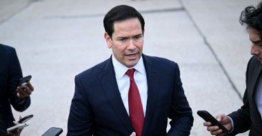 U.S. Secretary of State Marco Rubio speaks to the press following a G7 Foreign Ministers' meeting with Partner Countries before his departure at the Bourget airport in Le Bourget, outside Paris, March 27, 2026. (AFP Photo)