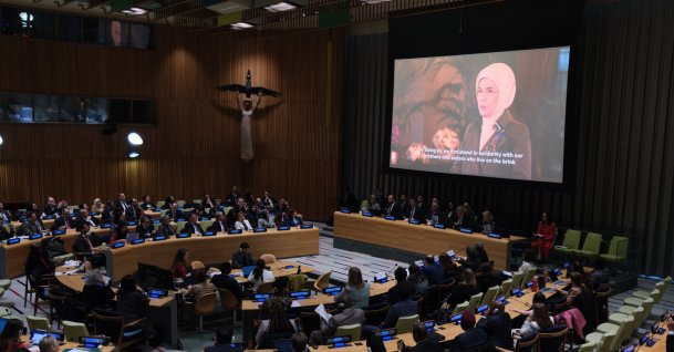 First lady Emine Erdoğan delivers a video message at the International Zero Waste Day commemoration held at the United Nations Headquarters, New York, U.S., March 28, 2026. (AA Photo)