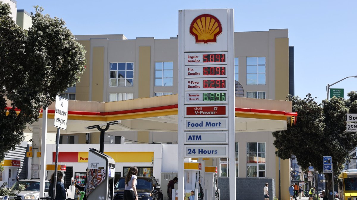 A digital price sign is seen at a Shell gasoline station in San Francisco, California, U.S., March 18, 2026.