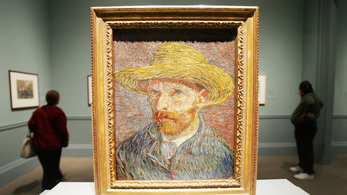 Vincent Van Gogh's painting "Self Portrait with a Straw Hat" is displayed at the exhibit "Vincent Van Gogh: The Drawings" during a press preview at the Metropolitan Museum of Art, New York City, U.S., Oct. 11, 2005. (Getty Images Photo)