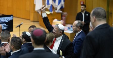 Israel's Minister of National Security, Itamar Ben-Gvir (C) and lawmakers celebrate after Israel's parliament passed a law approving the death penalty for Palestinians convicted of murdering Israelis, at the Knesset in west Jerusalem, March 30, 2026. (AP Photo)