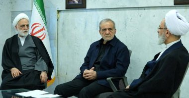 Iranian President Masoud Pezeshkian, Gholam-Hossein Mohseni-Eje'i, the head of the judiciary and representative of the Assembly of Experts, Alireza Arafi attend the meeting of the interim leadership council of Iran in an unknown location in Iran, March 1, 2026. (West Asia News Agency/Handout via Reuters)