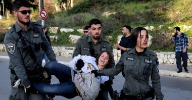 Israeli security detain protesters that had gathered outside the Knesset, the Israeli parliament, during a demonstration against the passing of a law allowing for the death penalty against Palestinians, in Jerusalem, March 31, 2026. (AFP Photo)