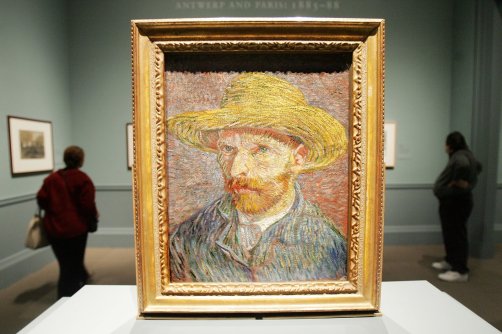 Vincent Van Gogh's painting "Self Portrait with a Straw Hat" is displayed at the exhibit "Vincent Van Gogh: The Drawings" during a press preview at the Metropolitan Museum of Art, New York City, U.S., Oct. 11, 2005. (Getty Images Photo)