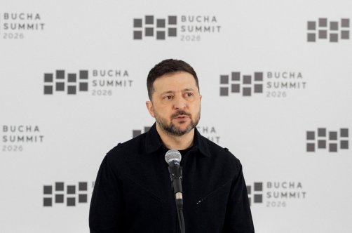 Ukraine's President Volodymyr Zelenskyy addresses the media during the Bucha Summit in Bucha, March 31, 2026. (AFP Photo)