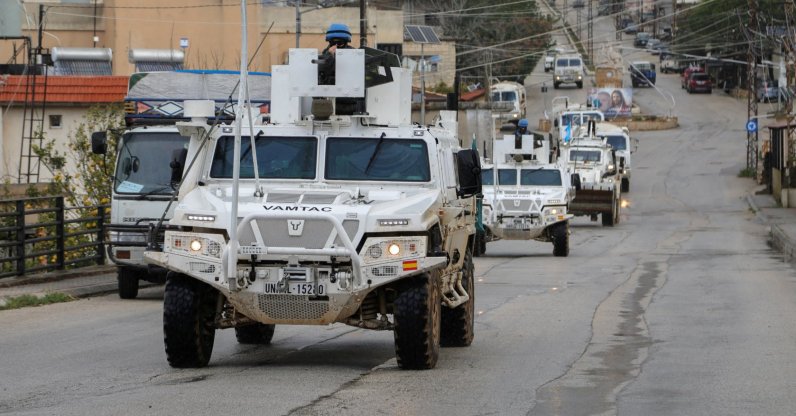 UNIFIL vehicles drive on a main road in Qlayaa, amid escalating hostilities between Israel and Hezbollah, as the U.S.-Israel conflict with Iran continues, in Qlayaa, southern Lebanon, March 27, 2026. (Reuters File Photo)