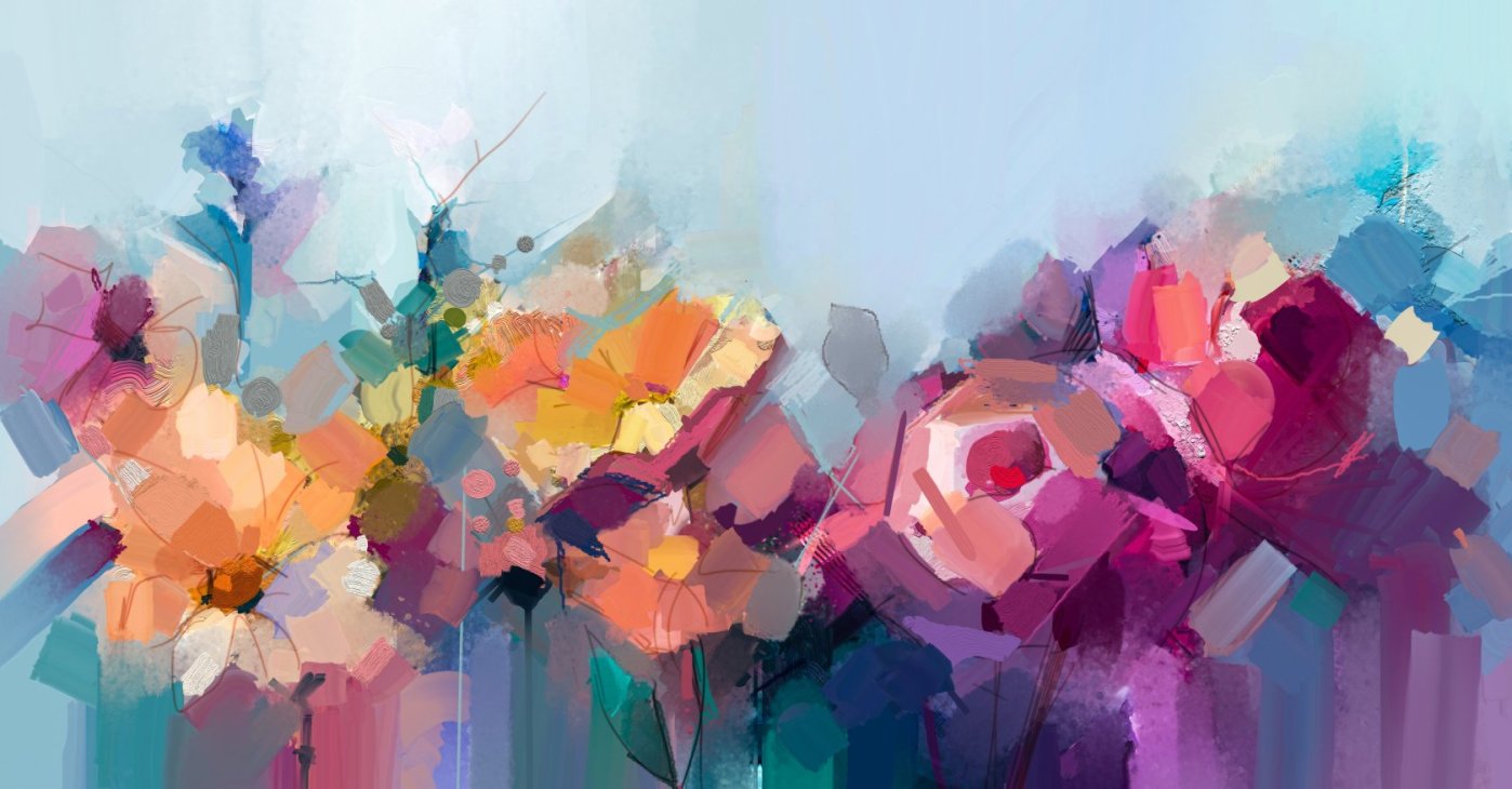 An abstract, colorful oil and acrylic painting of spring flowers. (Shutterstock Photo)