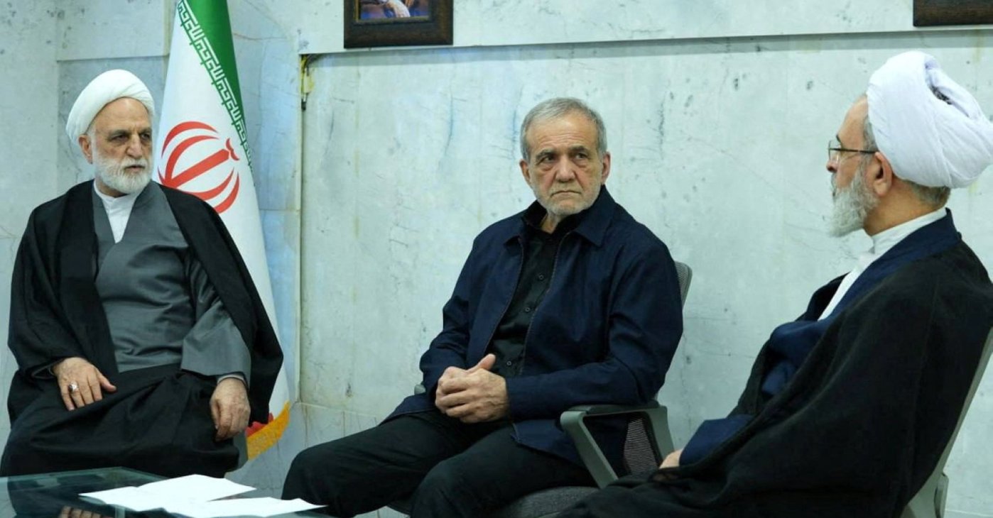 Iranian President Masoud Pezeshkian, Gholam-Hossein Mohseni-Eje'i, the head of the judiciary and representative of the Assembly of Experts, Alireza Arafi attend the meeting of the interim leadership council of Iran in an unknown location in Iran, March 1, 2026. (West Asia News Agency/Handout via Reuters)