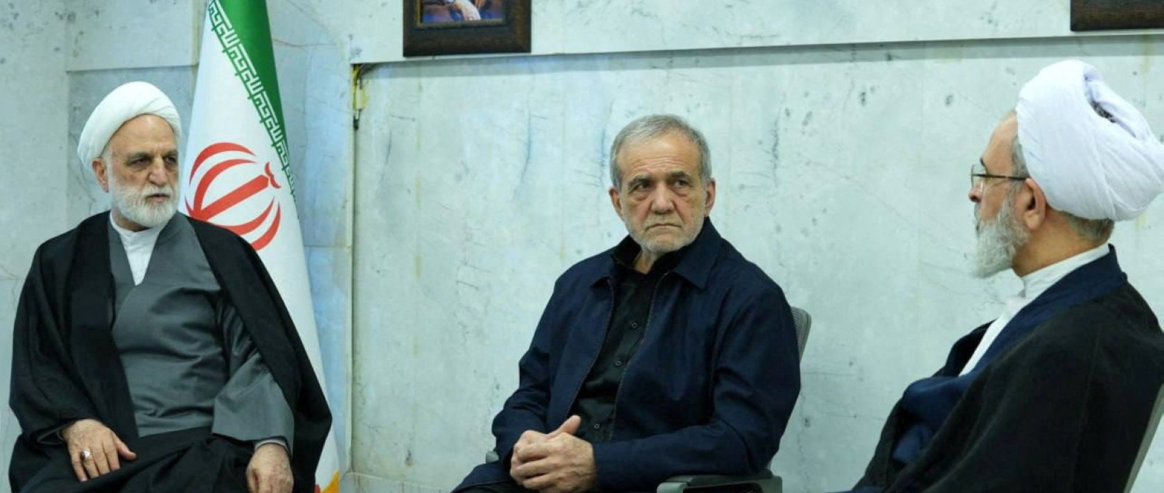 Iranian President Masoud Pezeshkian, Gholam-Hossein Mohseni-Eje'i, the head of the judiciary and representative of the Assembly of Experts, Alireza Arafi attend the meeting of the interim leadership council of Iran in an unknown location in Iran, March 1, 2026. (West Asia News Agency/Handout via Reuters)