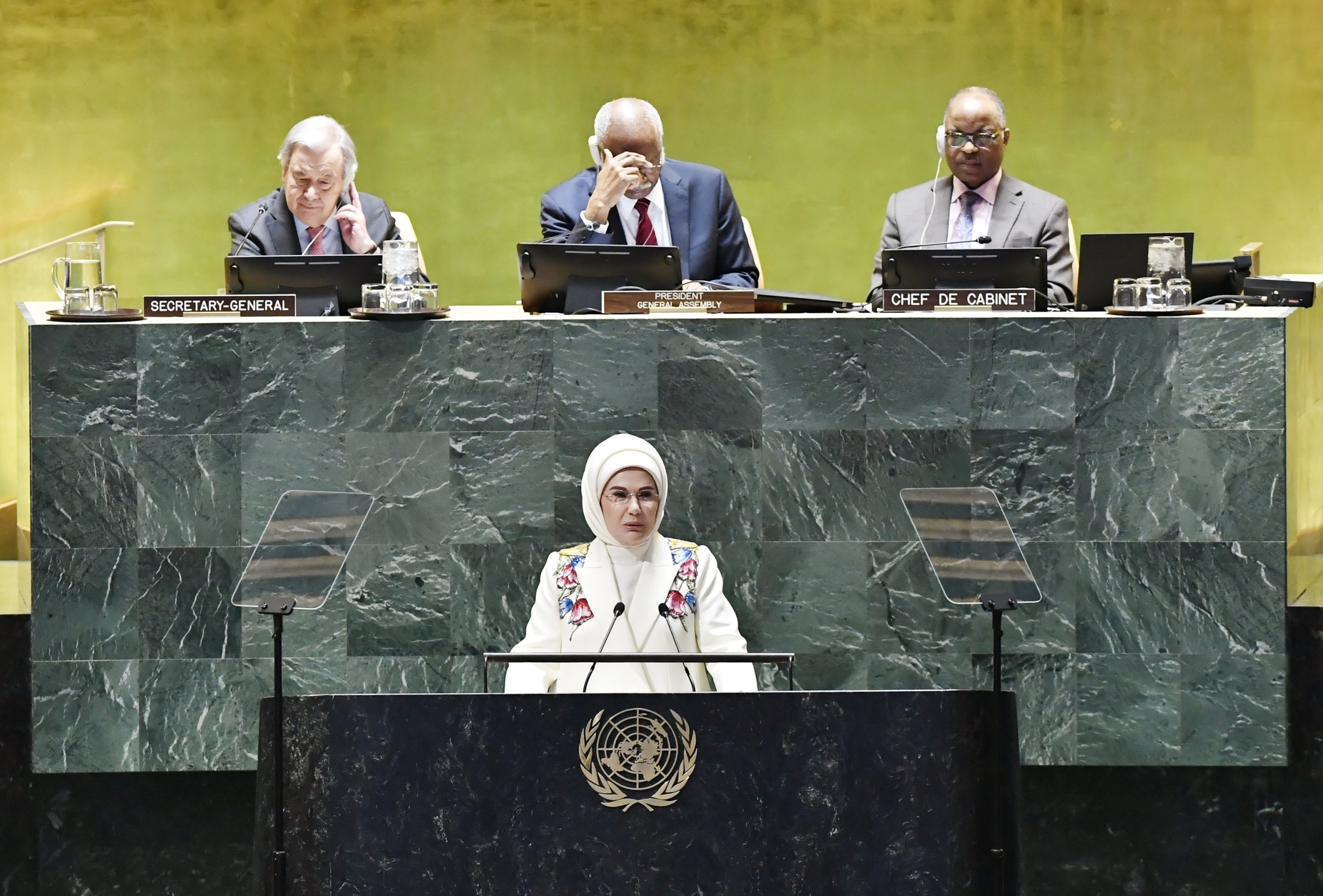 First lady Emine Erdoğan speaks during an event in New York, U.S. (Photo courtesy of Funda Karayel)
