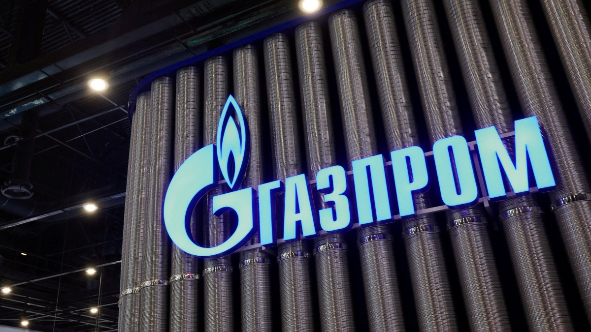The logo of Gazprom displayed at the Saint Petersburg international gas forum in Saint Petersburg, Russia, Oct. 9, 2025. (Reuters Photo)