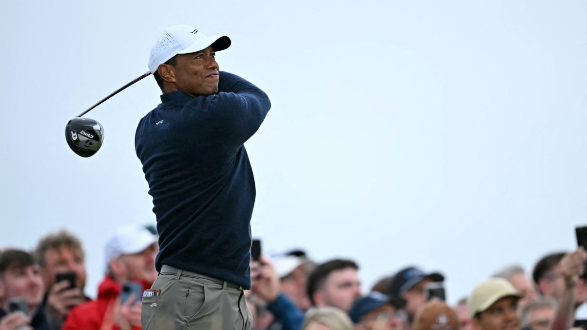 U.S. golfer Tiger Woods watches his drive from the 4th tee during his second round, on day two of the 152nd British Open Golf Championship at Royal Troon, Scotland, July 19, 2024. (AFP Photo)