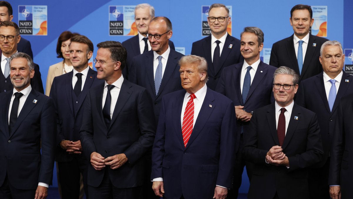 President Donald Trump (center front) poses during a group photo of NATO heads of state and government at the NATO summit in The Hague, Netherlands, June 25, 2025. (AP Photo)