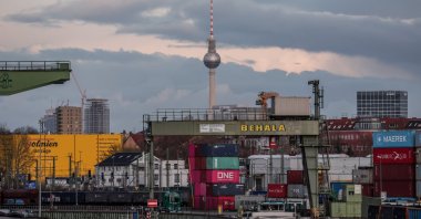 Transshipment containers lie stacked at the Westhafen container terminal, Berlin, Germany, March 31, 2026. (EPA Photo)