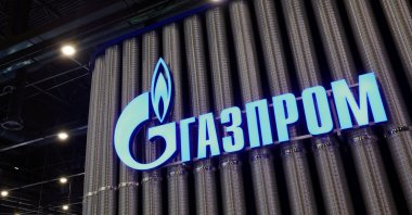 The logo of Gazprom displayed at the Saint Petersburg international gas forum, Saint Petersburg, Russia, Oct. 9, 2025. (Reuters Photo)