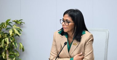 Venezuela's interim President Delcy Rodriguez holds a meeting at the Miraflores Presidential Palace in Caracas, March 13, 2026. (AFP Photo)
