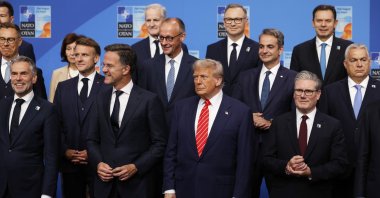 President Donald Trump (center front) poses during a group photo of NATO heads of state and government at the NATO summit in The Hague, Netherlands, June 25, 2025. (AP Photo)