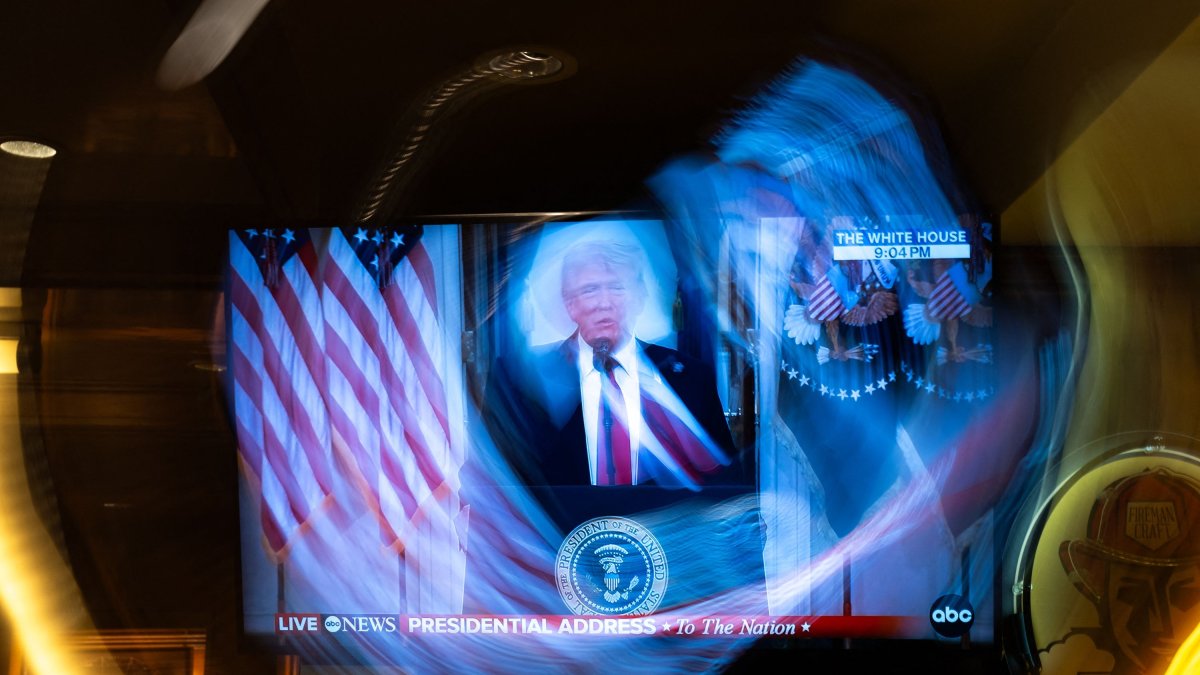 U.S. President Donald Trump makes a national address on television at Brooklyn Diner Times Square, New York City, U.S., April 1, 2026. (AFP Photo)