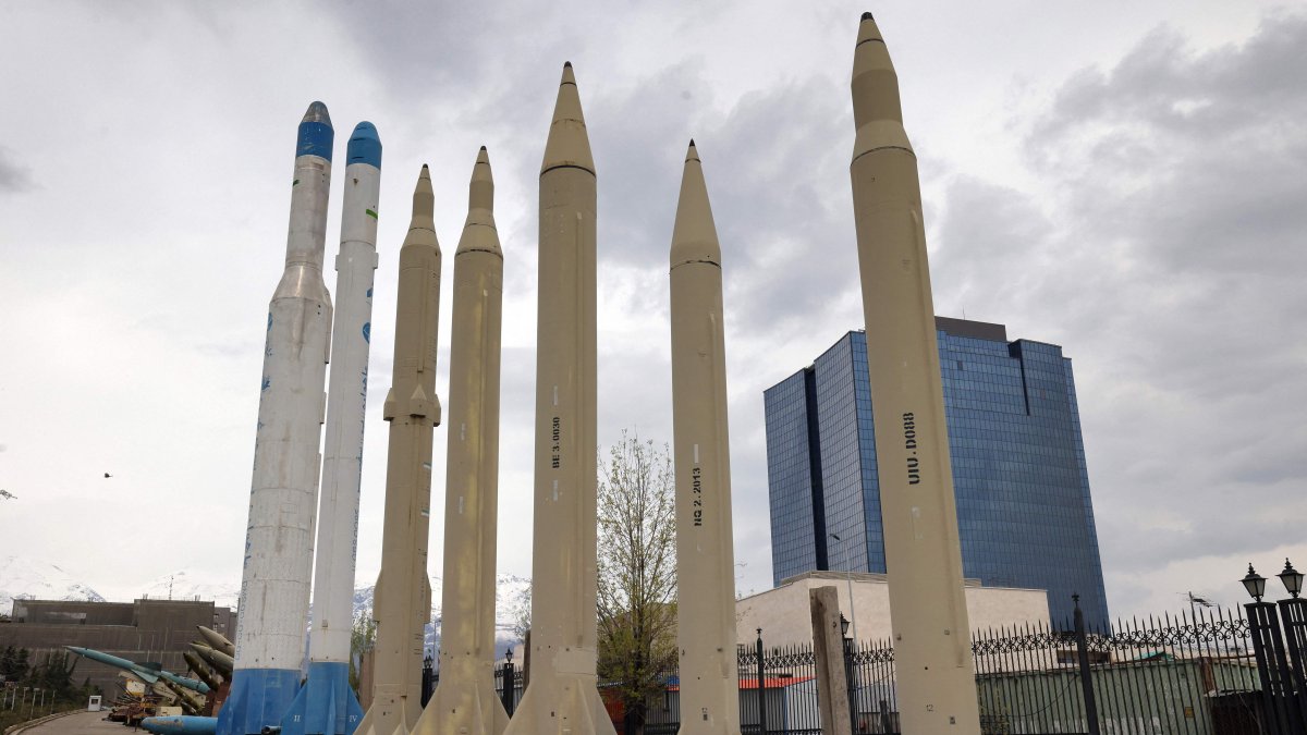 Mockups of domestically made Iranian missiles are displayed at an exhibition outside the Defense Museum, Tehran, Iran, March 31, 2026. (AFP Photo)